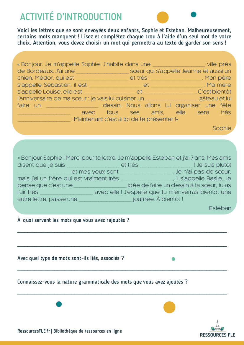 Ressources Fle | Grammaire FLE A1 A2 | L'adjectif Qualificatif